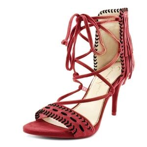 Jessica Simpson Women's Mareya Fringe Heels, Raging Red Lux Kid Suede, Size 6.5